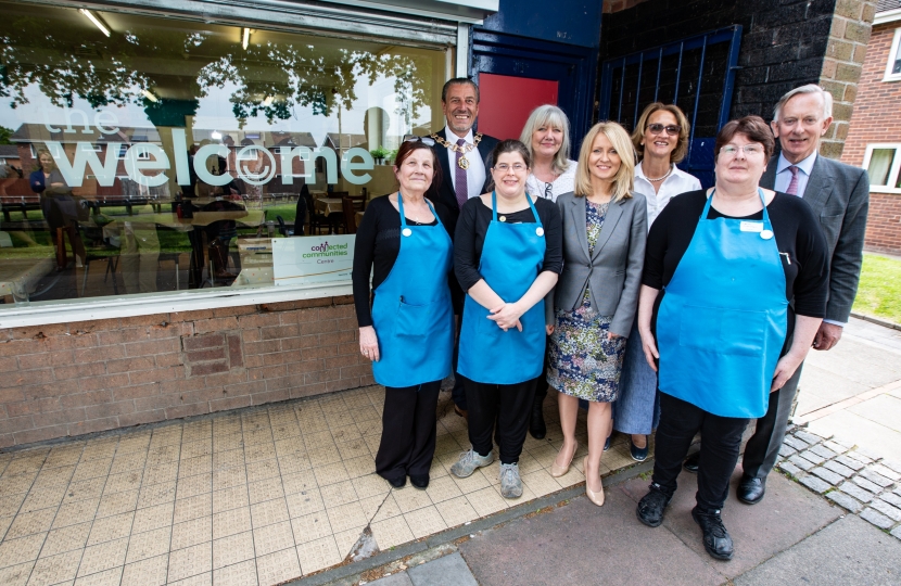 Esther with Marie Fox, Gill Weeks and team members from the Welcome, together with Cllr Peter Coan, Mayor of Knutsford and David Briggs, Lord Lieutenant of Cheshire