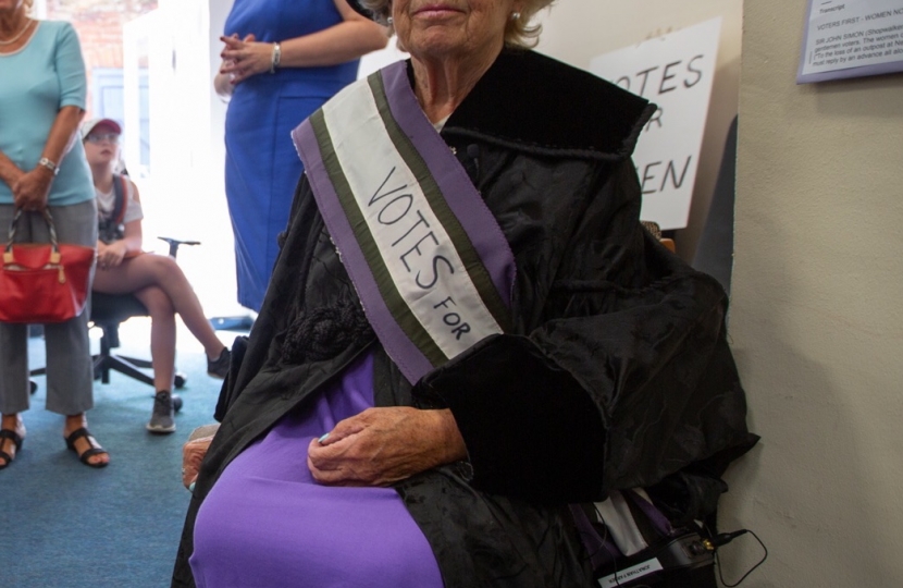 Berry Northen dressed appropriately to read a famous Emmeline Pankhurst speech