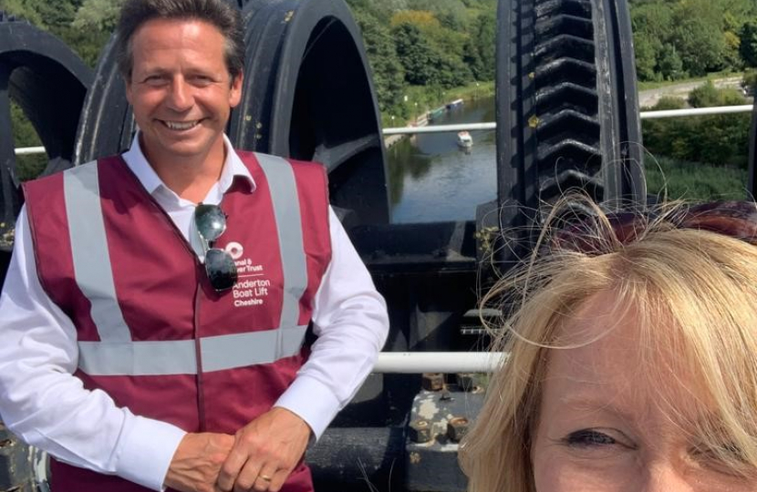 Esther McVey on a visit to the Boat Lift in 2020 with the then Minister for Cultrre, Nigel Hudlestone