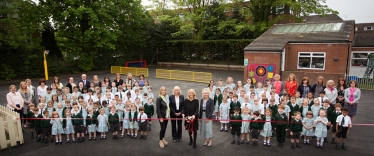 Esther with the staff and pupils at Wilmslow Prep School